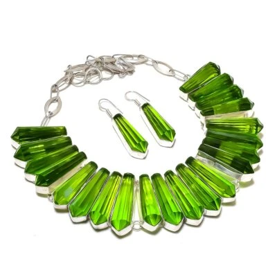 Faceted Peridot Gemstone 925 Sterling Silver Dainty Jewelry Necklace+ Earring W4 - Image 1 of 4