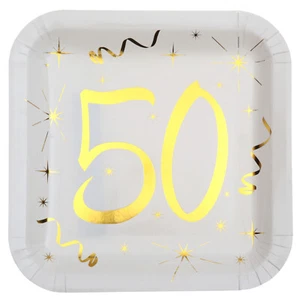 50th Birthday Party Plates Luxury Age 50 White & Gold Foil 23cm Paper Plate x 10 - Picture 1 of 2