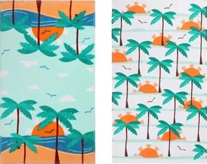 2 DIFFERENT PRINTED TERRY TOWELS (15"x26") SUMMER BEACH, TROPICAL PALM TREES, KO - Picture 1 of 17