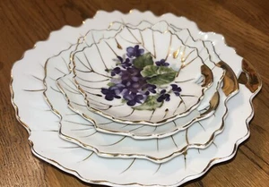 Vintage Nasco Japan Leaf Shaped Candy Plate Dish Purple Violets Set of 4 - Picture 1 of 2