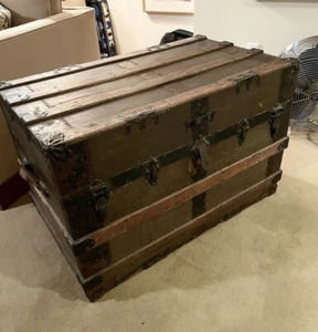 Early 20th Century Fully Fitted Flat Top Steamer Trunk Cunard Christiania Label - Picture 1 of 12