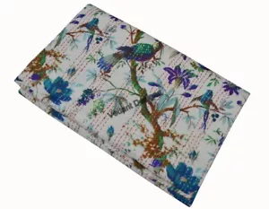 Indian Handmade Queen Cotton Kantha Quilt Throw Blanket Bedspread Bird Print - Picture 1 of 5