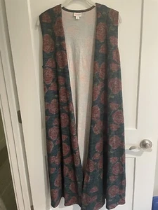 LuLaRoe Joy Vest Duster Med Green w/Red, Pink, Gray Pixel Flowers Free Shipping - Picture 1 of 5