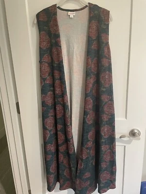 LuLaRoe Joy Vest Duster Med Green w/Red, Pink, Gray Pixel Flowers Free Shipping - Image 1 of 4