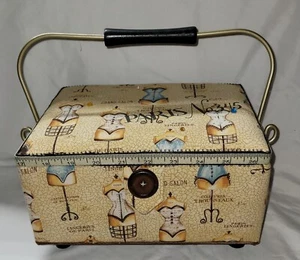 Sewing Basket Box Paris Theme Pattern Tray Handle Pin Cushion Pockets Quilted - Picture 1 of 11
