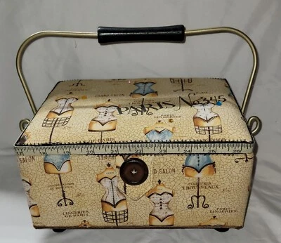 Sewing Basket Box Paris Theme Pattern Tray Handle Pin Cushion Pockets Quilted  - Image 1 of 4