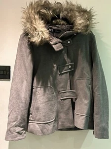 ZARA Grey Wool Coat Fur Hood XL - Picture 1 of 3