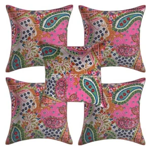 Cotton Throw Pillow Covers Kantha 16x16 In Bohemian Indian Paisley Set Of 5 - Picture 1 of 6