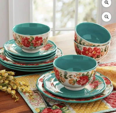 The Pioneer Woman Vintage Floral 12-Piece Dinnerware Set Teal Plates Bowls Table - Image 1 of 4