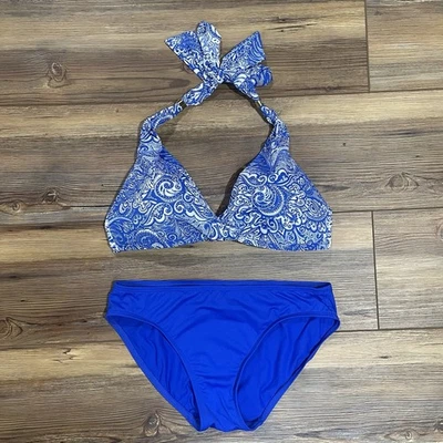 Blusa de biquíni Lauren Ralph Lauren feminina azul torcida frontal tamanho P parte inferior azul - Imagem 1 de 4