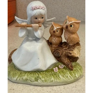 Vintage Ceramic Figurine Angel Playing Flute With Owls 4” - Picture 1 of 7
