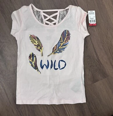 Girls Kmart Route 66 T-Shirt Sz 6-6X NWT Feathers Sequins Wild Short Sleeve - Image 1 of 4