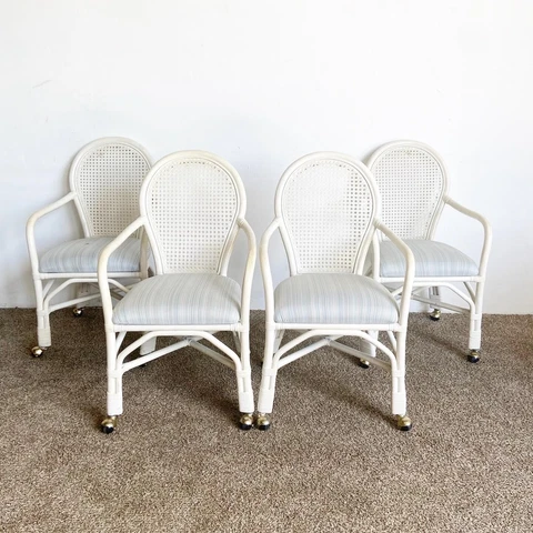Regency White Cane Back Bamboo Rattan Dining Chairs on Casters - Set of 4 Cover