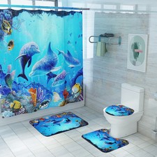 Animal Print Dolphin Waterproof Shower Curtain Bathroom Toilet Seat Cover Mat