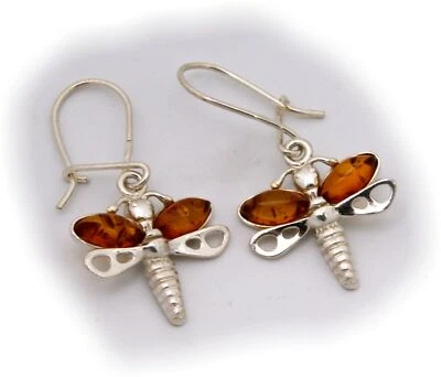 Orecchini da Donna Pendente Ambra Libellula Vero Argento 925 Sterling Insetto - Immagine 1 di 2