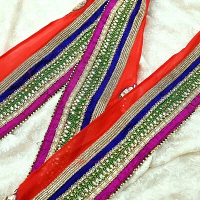 Vintage Multi Sari Border Pure Chiffon Silk Hand Embroidered 1yd Craft Trim Lace - Image 1 of 4