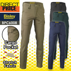 Mens Bisley Work Pants Stretch Cargo Cotton Drill Trousers Pockets SOFT BPC6008