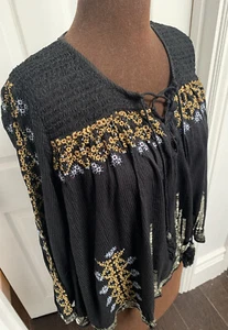 KATE MOSS TOPSHOP Black long sleeve blouse sz S UK 10 smocked sequin top peasant - Picture 1 of 8