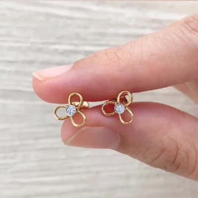 Pendiente Flor Oro Sólido 14K Hecho con Diamante Natural Regalo Aniversario. Foto 1 de 4