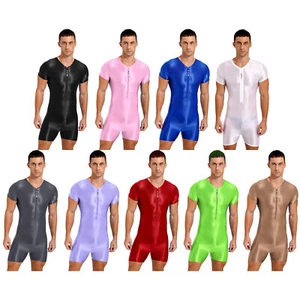 Mens Glossy Bodysuit Short Sleeve Zipper Front Swimsuit Underwear Underpants - Picture 1 of 68