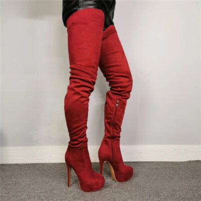 Botas femininas acima do joelho biqueira redonda plataforma salto alto vinho vermelho camurça sintética sapatos - Imagem 1 de 4