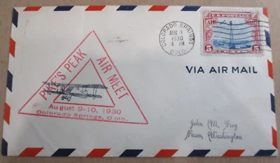 AIR MAIL CACHET 1930 "PIKES PEAK AIR MEET  COLORADO SPRINGS, CO" - Image 1 of 4