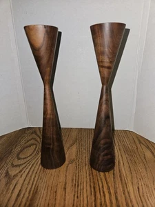 Vintage MCM Pair Burlwood Tapered Candlestick Holder Set 9 1/4” Tall Signed - Picture 1 of 6