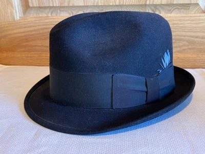 Vintage Dobbs Fifth Avenue Black RFL Hat With  Blue Feather Short Brim - Image 1 of 4