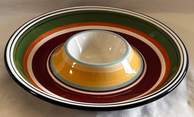 Pottery Barn Espadrille Stripe Chip & Dip Bowl Salsa РЕДКАЯ 13 1/2 дюйма Круглая Цветная - Изображение 1 из 4