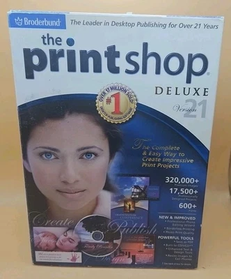 New Sealed Broderbund The Print Shop 4 CD Set Deluxe Version 21 PC 2005 Big Box - Image 1 of 3