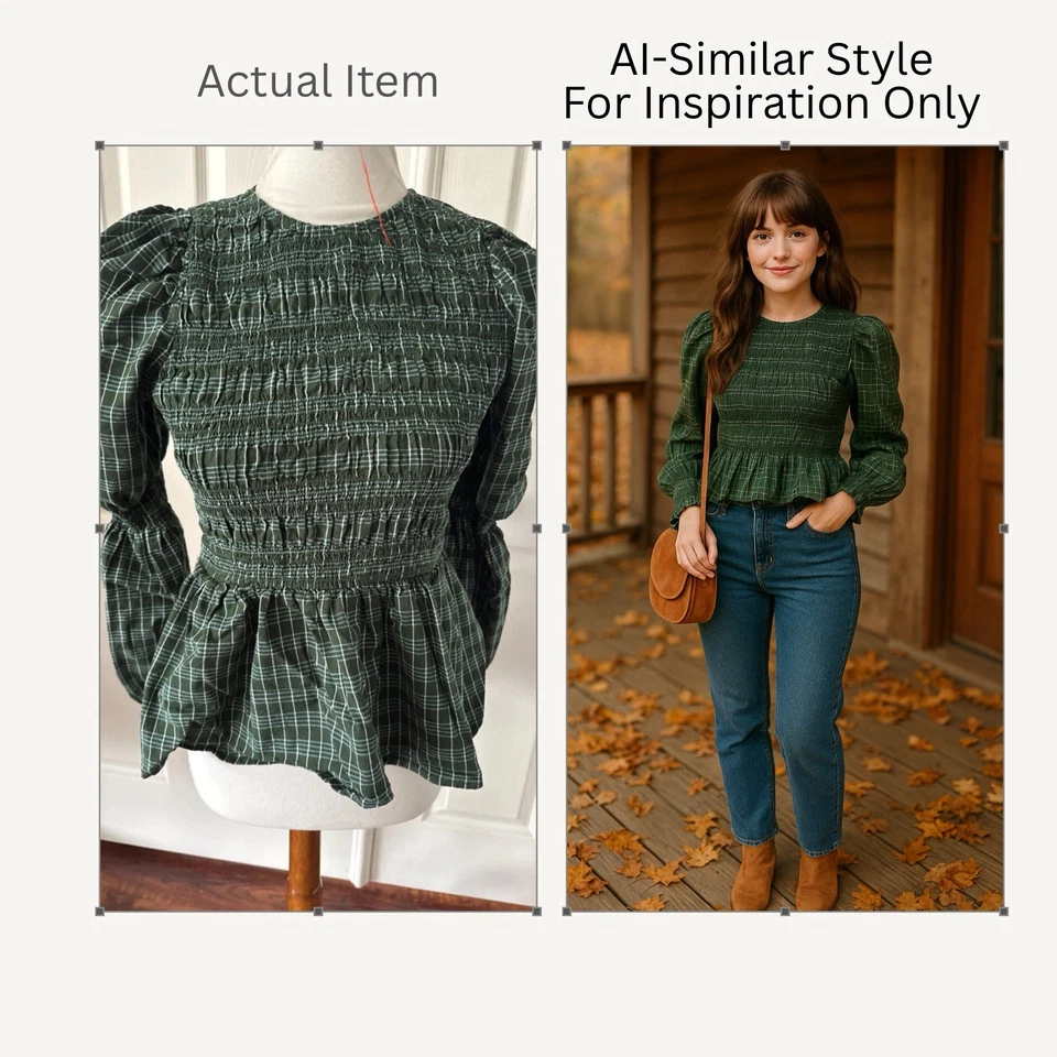 Blusa Campesina Universal Hilo Cuadros Calado Peplum Top XS Verde Manga Larga Foto 1 de 4