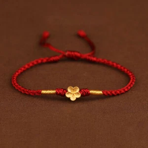 Pure 999 24K Yellow Gold 3D Flower Bead Red Cord Knitted Bracelet Women Gift - Picture 1 of 1