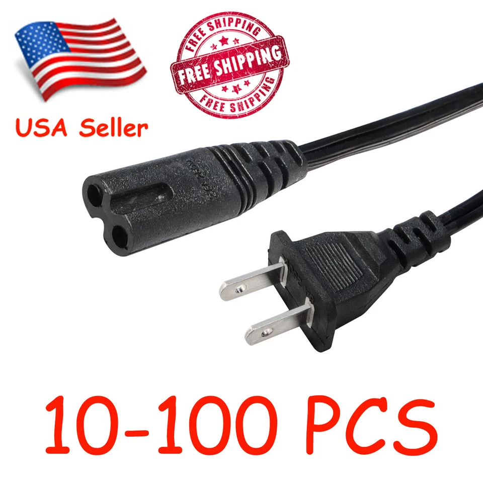 Lote de 1-100 cabo/cabo de alimentação CA padrão 6 pés 2 pinos para laptop PS2 PS3 Slim - Imagem 1 de 4