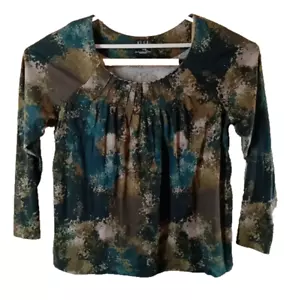 Elle Woman's Shirt 1X Green Watercolor Print Long Sleeve Pleated Neck Line - Picture 1 of 15