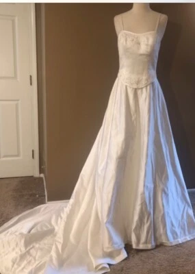 Wedding Dress Satin Embroidered Beaded Bodice, Spaghetti Straps Ivory - Image 1 of 4