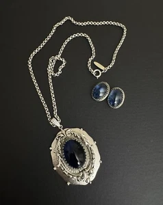 Vintage Whiting & Davis Necklace/Earring Set/Silver Tone/Blue Glass - Picture 1 of 7