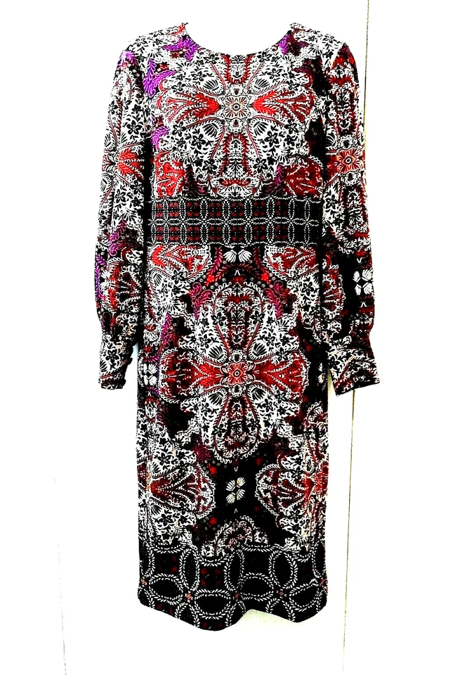 VINTAGE WOMEN'S CHICO'S FLORAL MEDALLION PRINT LONG SLEEVE MIDI DRESS 0 4 6 S - Image 1 of 4