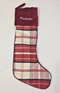 Pottery Barn Kids Plaid Crewel Christmas Stocking Nicholas - Picture 1 of 7