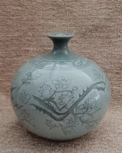 KOREANISCHE SELADON Vase grün rund KNISTERN Blumen Zweige Schriftrollen SIGNIERT 6"x6" - Bild 1 von 10