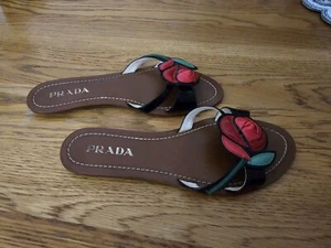 Prada sandali vintage ciabatte piatte mules rosa top pelle marrone taglia 37,5 - Foto 1 di 17