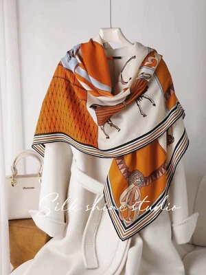 Suave y Elegante Patrón 'Caballo' Naranja 30% Seda y 70% Lana Bufanda - 53" Mantón Envoltura Foto 1 de 4