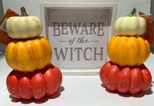 Halloween Decoration 3 Pc Set Beware of the Witch w/2 Stacks of Pumpkins NEW - Picture 1 of 14
