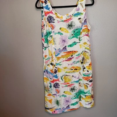 VTG 90s Jams World Hawaiian Watercolor Tropical Fish Print Sheath Dress SZ 11 - Image 1 of 4