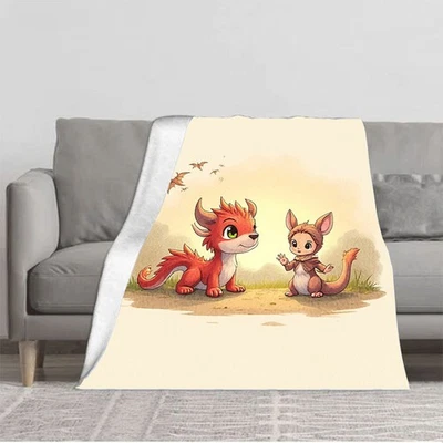Cozy Flannel Blanket with Whimsical Fox and Rabbit Design - Soft Warm Perfect  - Image 1 of 4
