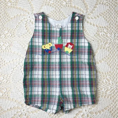 Mameluco Jonjon vintage años 90 Cuties by Judy bebé niño 18 meses tren zoológico a cuadros Foto 1 de 4