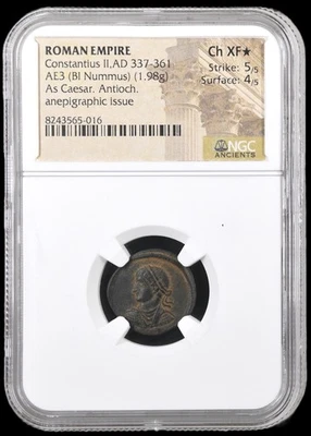 Констанций II как Цезарь (AD 337-361) AE3 NGC Ch XF STAR *. Анепиграфический выпуск - Изображение 1 из 3