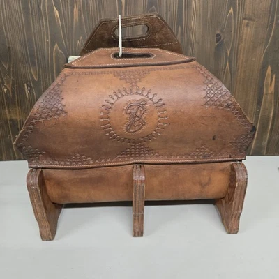 Vintage Leather Wood And Log Carrier Engraved Tooled Leather Designs Rustic - Image 1 of 4