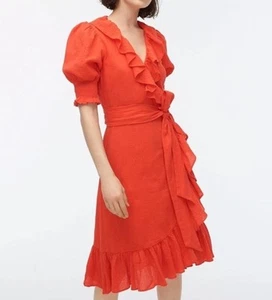 J. Crew Orange Ruffle Wrap Dress Size:M V-neck Long Sleeve Belted Cotton - Picture 1 of 15
