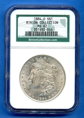 Dólar de plata Morgan 1884 O NGC MS62 $1 como nuevo en Estados Unidos 1884-O MS-62 colección Binion Foto 1 de 3