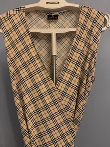 Vintage 1990s Love Love Beige Plaid Sleeveless Wrap Dress Size 14 - Picture 1 of 19